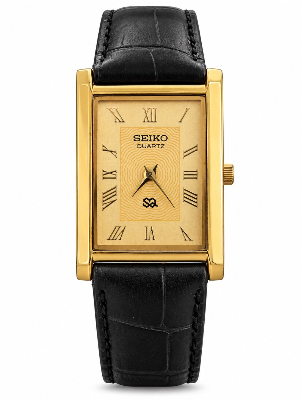 Vintage Seiko Tank watch Gold dial Gold Bezel with Black Strap